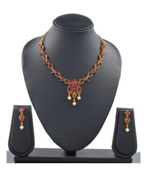 picture of Gold plated 925 sterling silver necklace and earrings set on the black neck stand in the white background.