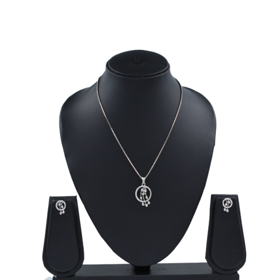 925 sterling silver pendant necklace and earrings set on the black neck stand in the white background.